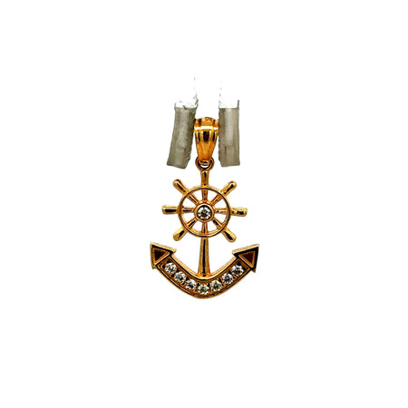 Pendant Ship’s Wheel with CZ & Anchor 20.5 14K