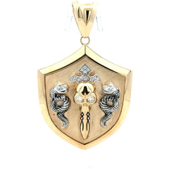Golden Bull Fancy Pendant Snakes & Skull Sword Shield with CZ 69 14K