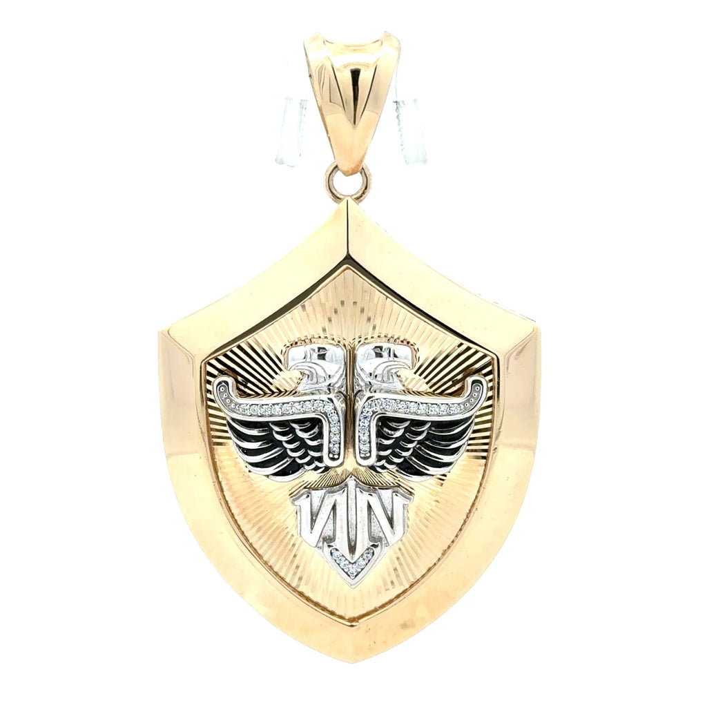 Golden Bull Fancy Pendant Two Eagles Shield with CZ 66 10K