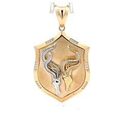 Golden Bull Fancy Pendant Two-Tone Horse Heads Shield with CZ 66.5 14K