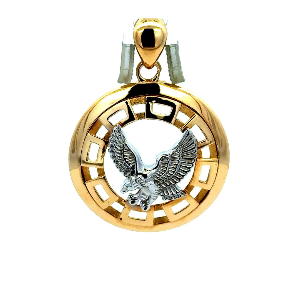 Golden Bull Fancy Pendant Two-Tone Hunting Eagle in Openwork Medallion 39 14K