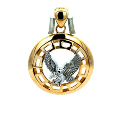 Golden Bull Fancy Pendant Two-Tone Hunting Eagle in Openwork Medallion 39 14K