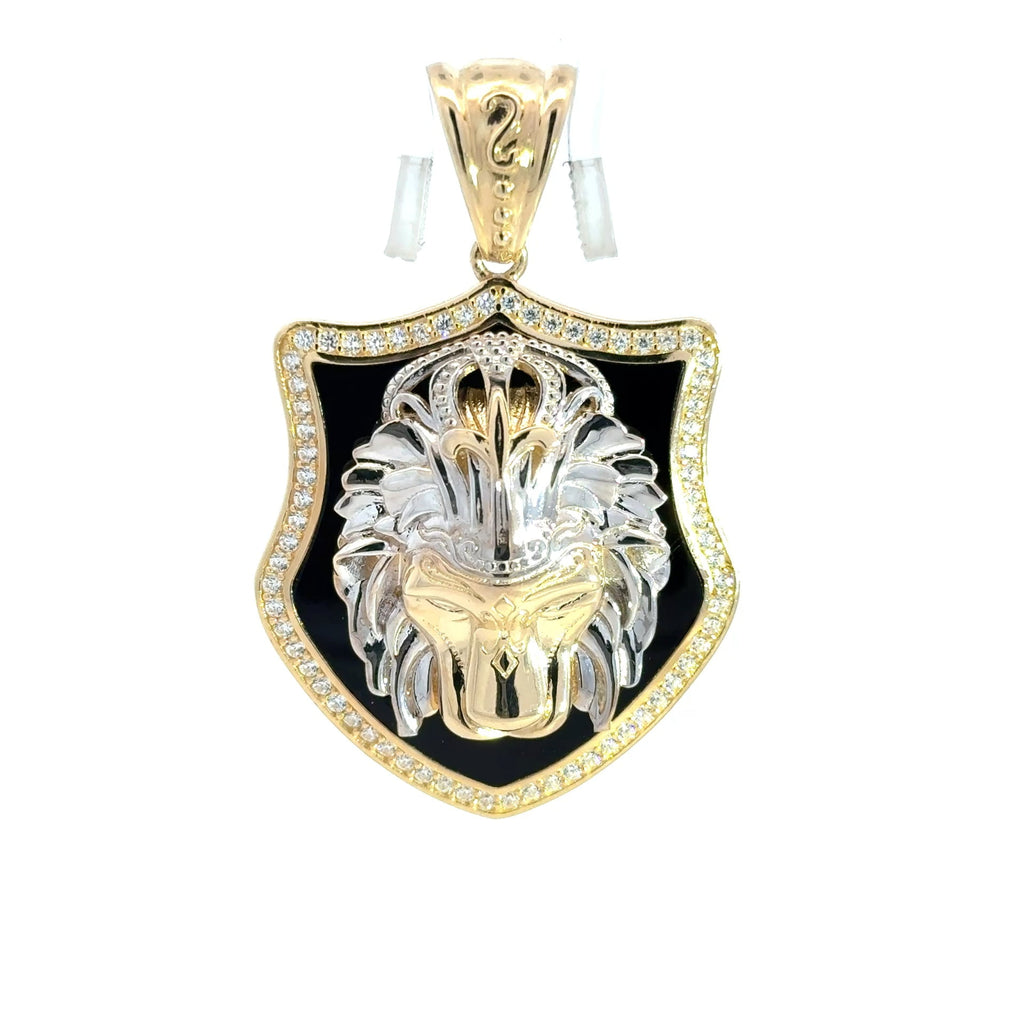 Golden Bull Fancy Pendant Two-Tone Lion Head with Crown on CZ-Edged Onyx Shield 52 14K