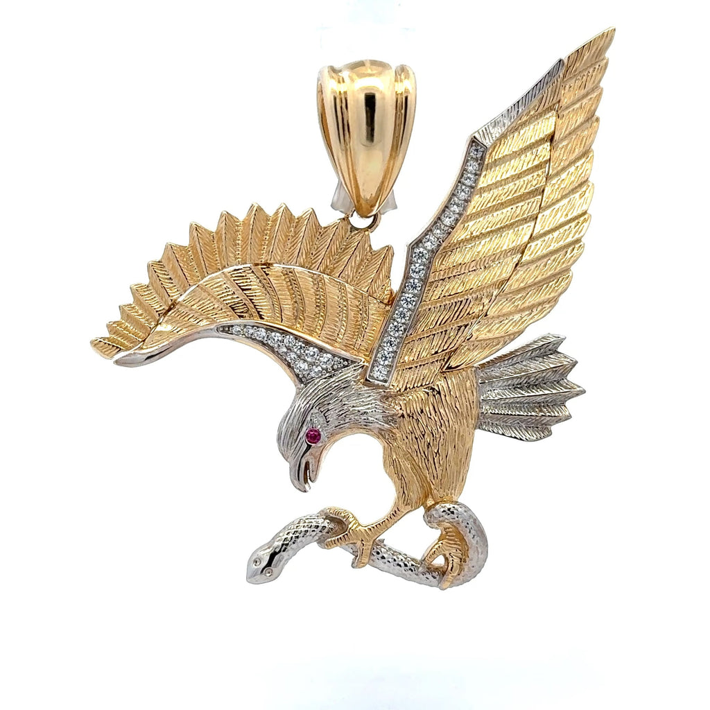 Golden Bull Fancy Pendant Two-Tone Red-Eyed Hunting Eagle & Snake with CZ 63.5 10K
