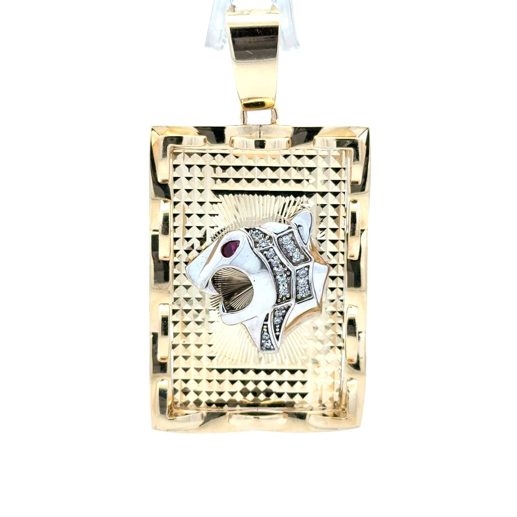 Golden Bull Fancy Pendant Two-Tone Red-Eyed Roaring Lioness & CZ on Dog Tag 53 14K