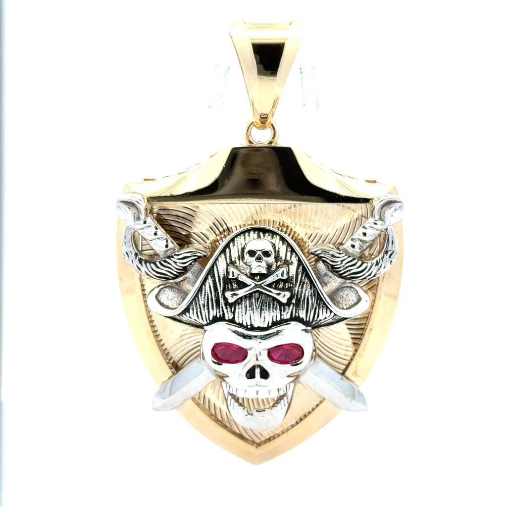 Golden Bull Fancy Pendant Two-Tone Red-Eyed Skull Pirate on Shield 70 10K