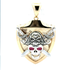 Golden Bull Fancy Pendant Two-Tone Red-Eyed Skull Pirate on Shield 70 10K
