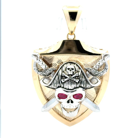 Pendant Two-Tone Red-Eyed Skull Pirate on Shield 70 10K