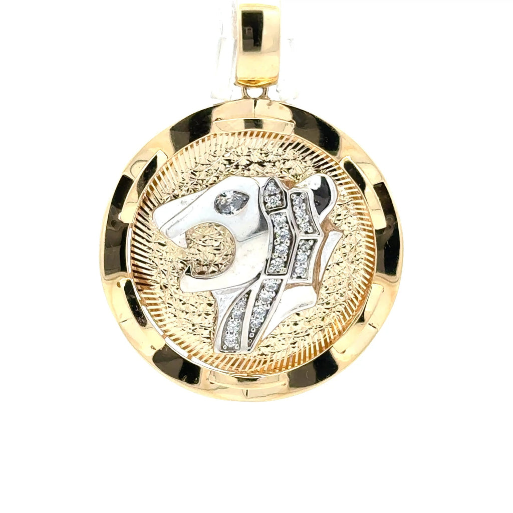Golden Bull Fancy Pendant Two-Tone Roaring Lioness & CZ in Medallion 46 10K