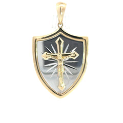 Golden Bull Fancy Pendant Two-Tone Shield with Jesus on the Cross 51 14K