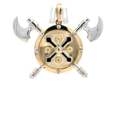 Golden Bull Fancy Pendant Two-Tone Twin Viking Axe Shield 33 10K