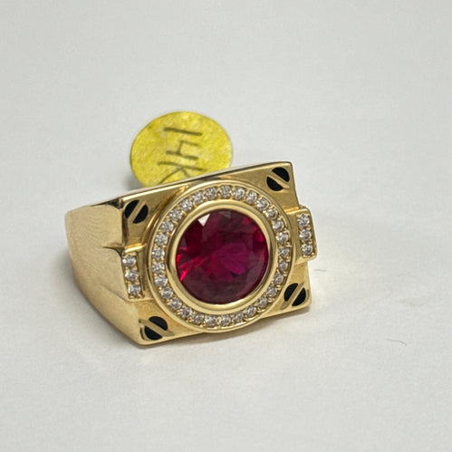 Yellow Gold Men's Signet Ring with Red Stone 14k #10.5