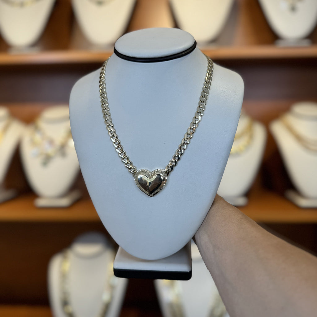 Fancy Monaco Style Necklace with attached Heart Pendant in 14Kt