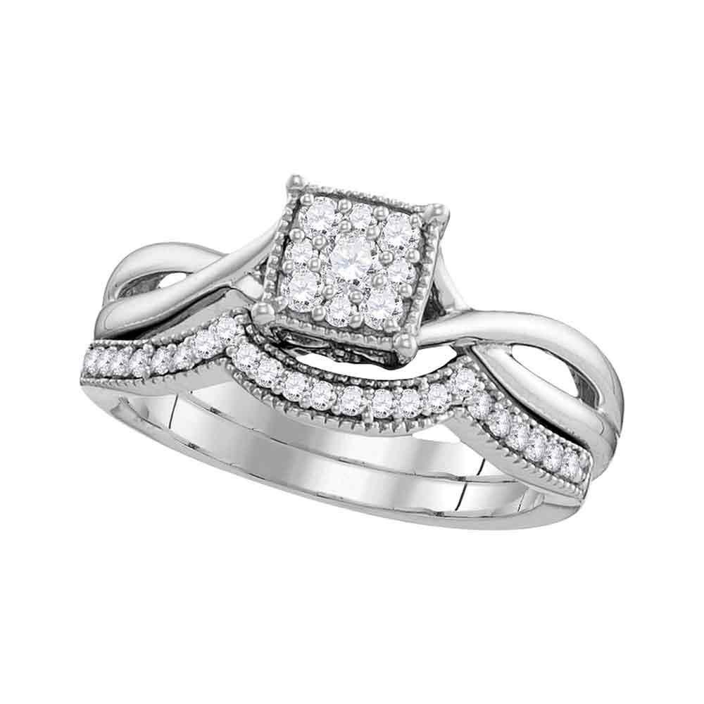 GND Bridal Ring Set 10k White Gold Diamond Flower Cluster Bridal Wedding Ring Band Set 1/3 Cttw