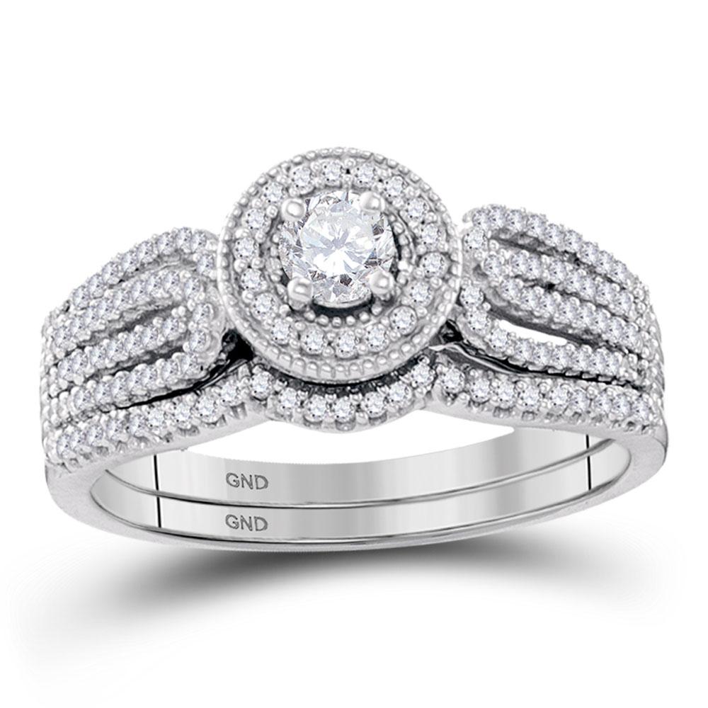 GND Bridal Ring Set 10k White Gold Round Diamond Bridal Wedding Ring Band Set 1/2 Cttw