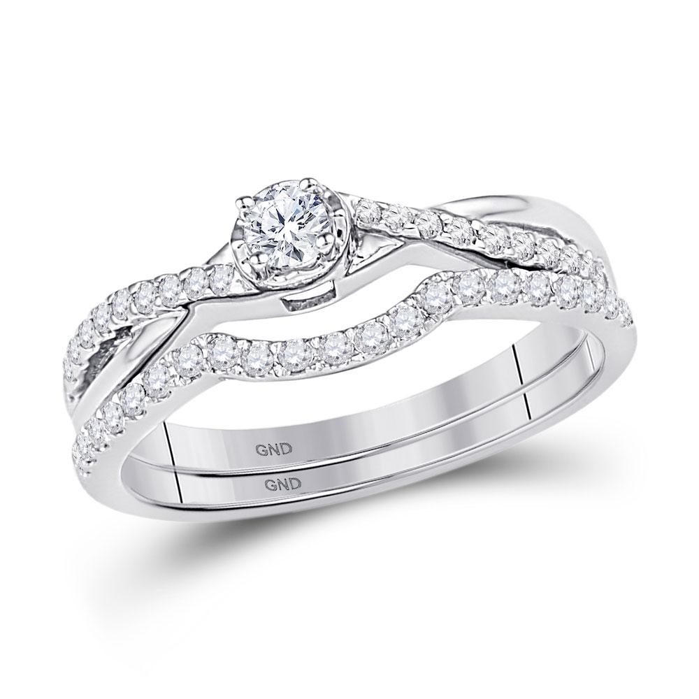 GND Bridal Ring Set 10k White Gold Round Diamond Bridal Wedding Ring Band Set 1/3 Cttw
