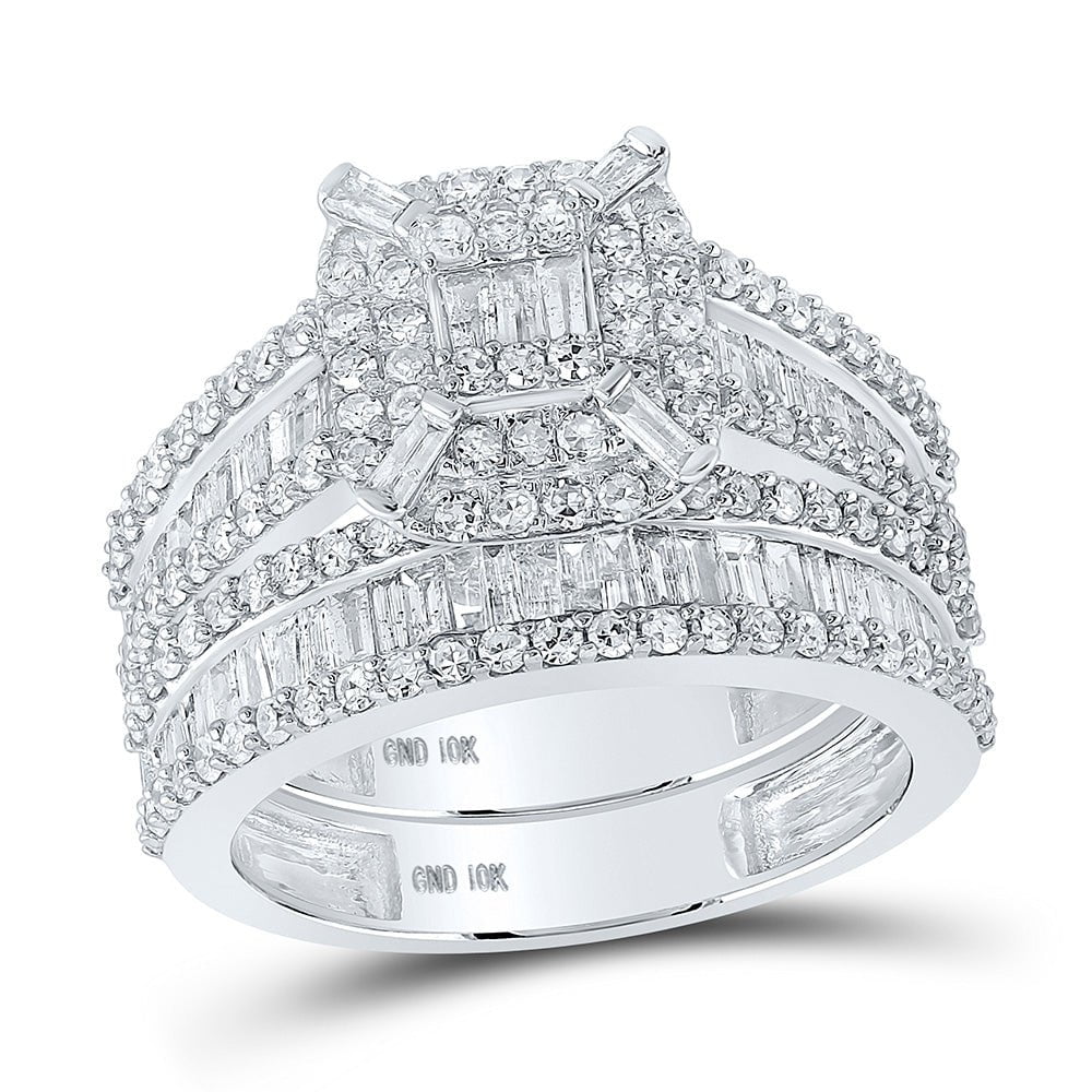 GND Bridal Ring Set 10kt White Gold Baguette Diamond Halo Bridal Wedding Ring Band Set 1-3/4 Cttw