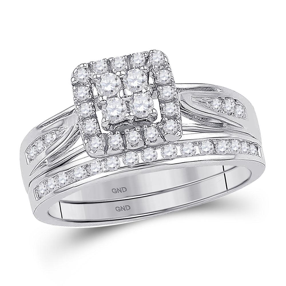 GND Bridal Ring Set 10kt White Gold Diamond Square Cluster Bridal Wedding Ring Band Set 1/4 Cttw