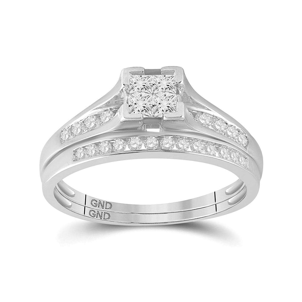 GND Bridal Ring Set 10kt White Gold Princess Diamond Bridal Wedding Ring Band Set 1/2 Cttw