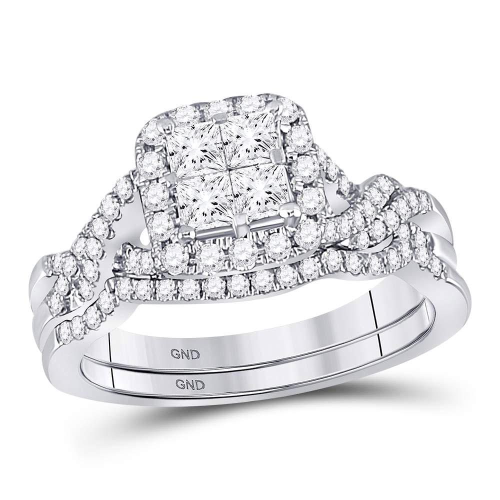 GND Bridal Ring Set 10kt White Gold Princess Diamond Bridal Wedding Ring Band Set 1 Cttw