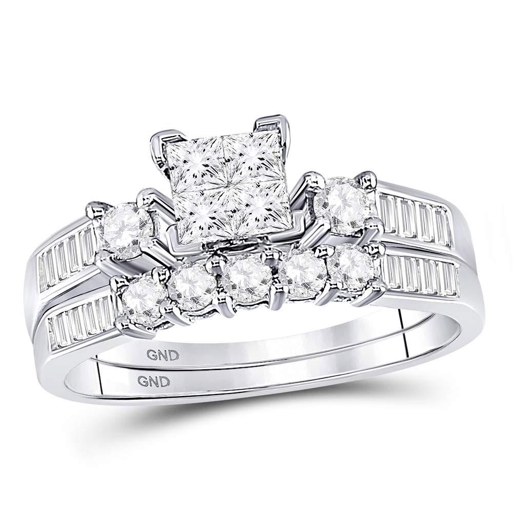 GND Bridal Ring Set 10kt White Gold Princess Diamond Bridal Wedding Ring Band Set 7/8 Cttw