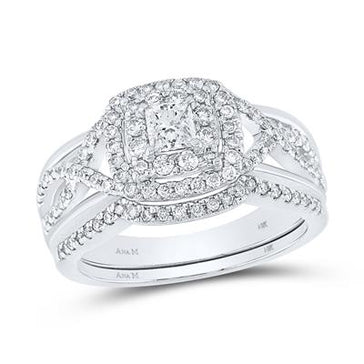 GND Bridal Ring Set 10kt White Gold Princess Diamond Halo Bridal Wedding Ring Band Set 7/8 Cttw
