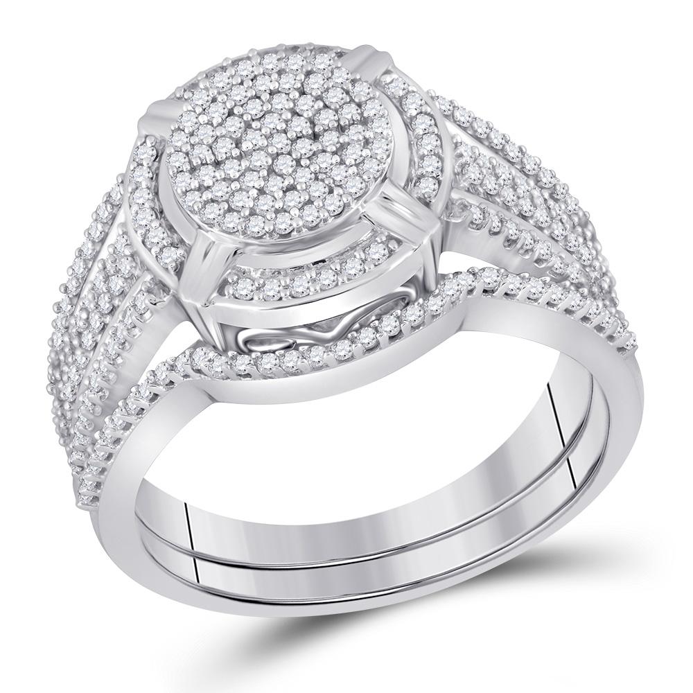 GND Bridal Ring Set 10kt White Gold Round Diamond Cluster Bridal Wedding Ring Band Set 1/2 Cttw