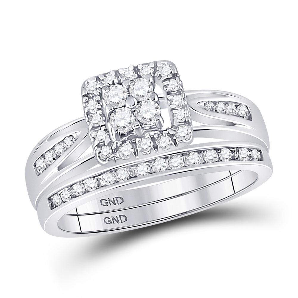 GND Bridal Ring Set 10kt White Gold Round Diamond Cluster Bridal Wedding Ring Band Set 1/2 Cttw