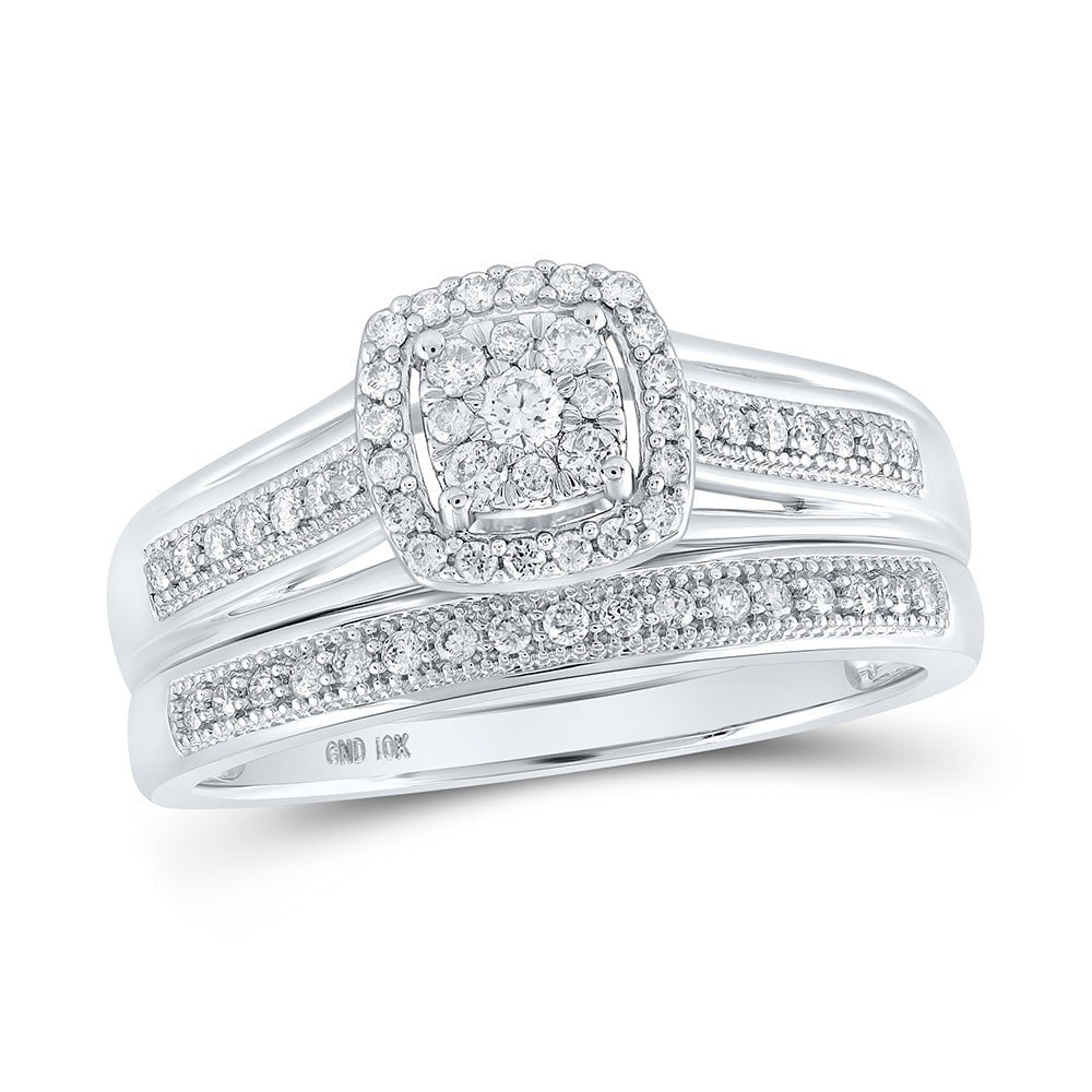 GND Bridal Ring Set 10kt White Gold Round Diamond Cluster Bridal Wedding Ring Band Set 1/3 Cttw