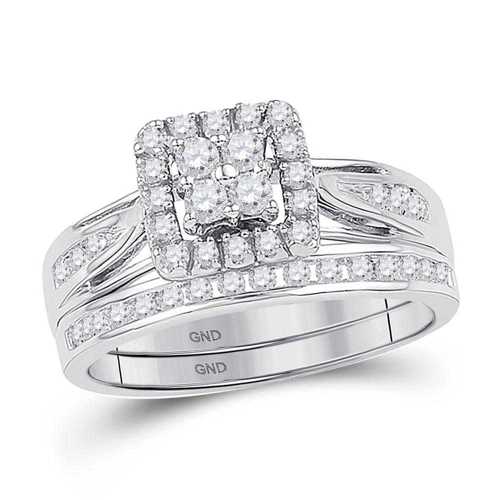 GND Bridal Ring Set 10kt White Gold Round Diamond Halo Bridal Wedding Ring Band Set 1-1/2 Cttw