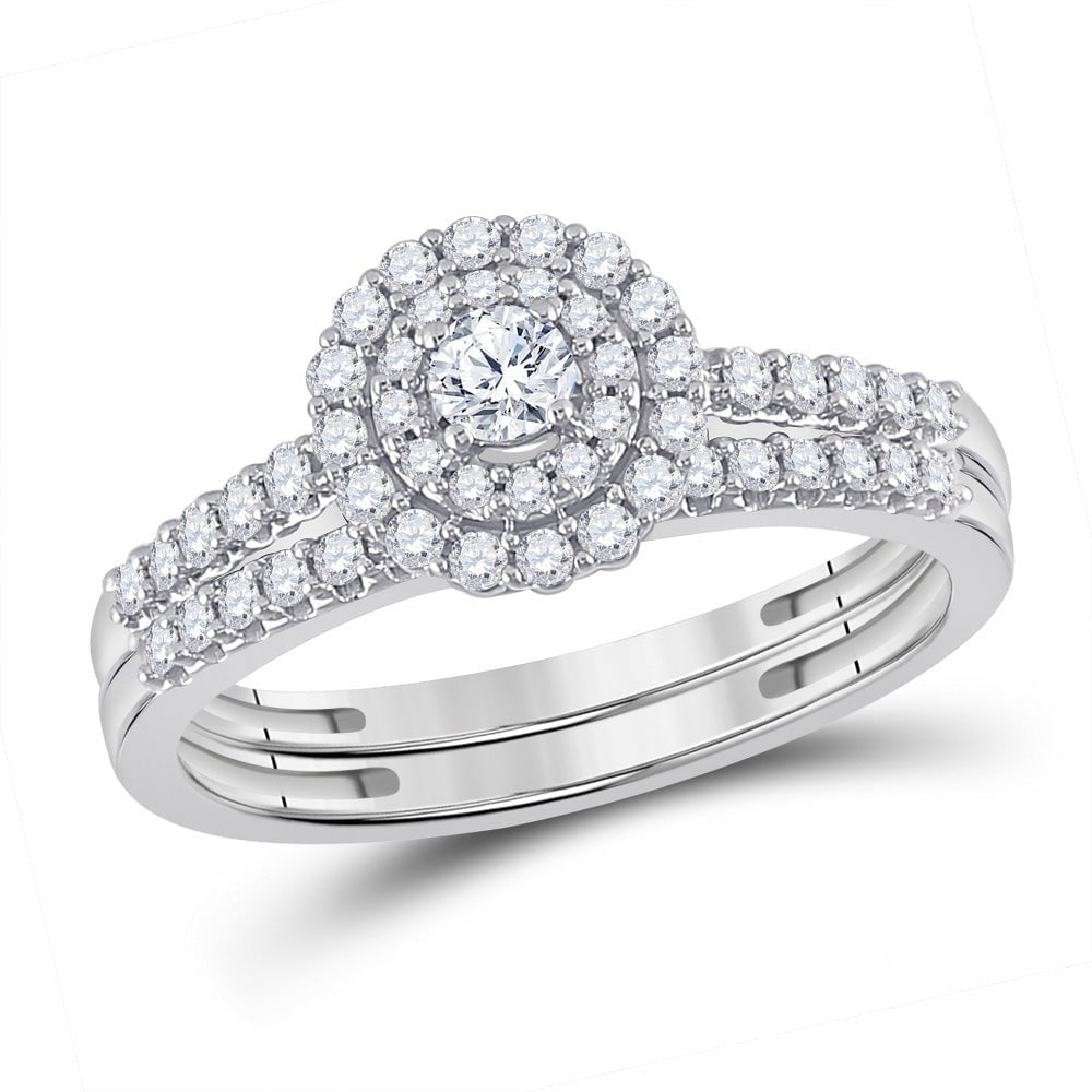 GND Bridal Ring Set 10kt White Gold Round Diamond Halo Bridal Wedding Ring Band Set 1/2 Cttw