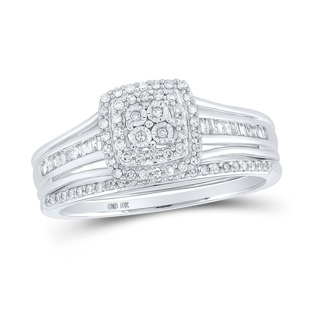 GND Bridal Ring Set 10kt White Gold Round Diamond Halo Bridal Wedding Ring Band Set 1/4 Cttw