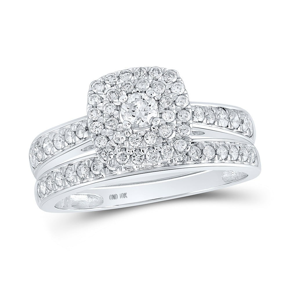 GND Bridal Ring Set 10kt White Gold Round Diamond Halo Bridal Wedding Ring Band Set 3/4 Cttw