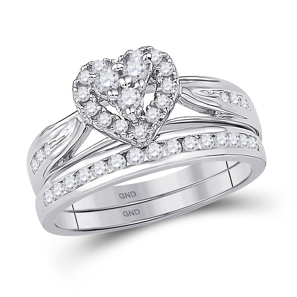 GND Bridal Ring Set 10kt White Gold Round Diamond Heart Bridal Wedding Ring Band Set 1/2 Cttw