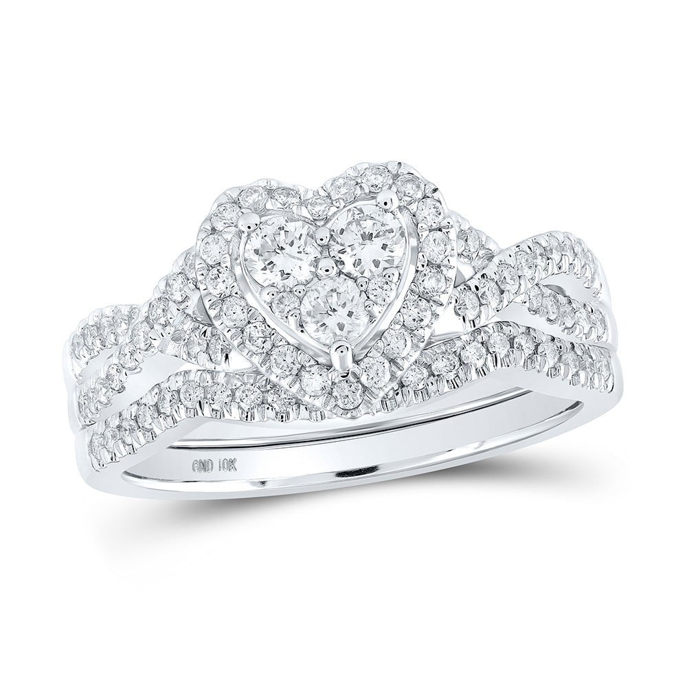 GND Bridal Ring Set 10kt White Gold Round Diamond Heart Bridal Wedding Ring Band Set 5/8 Cttw
