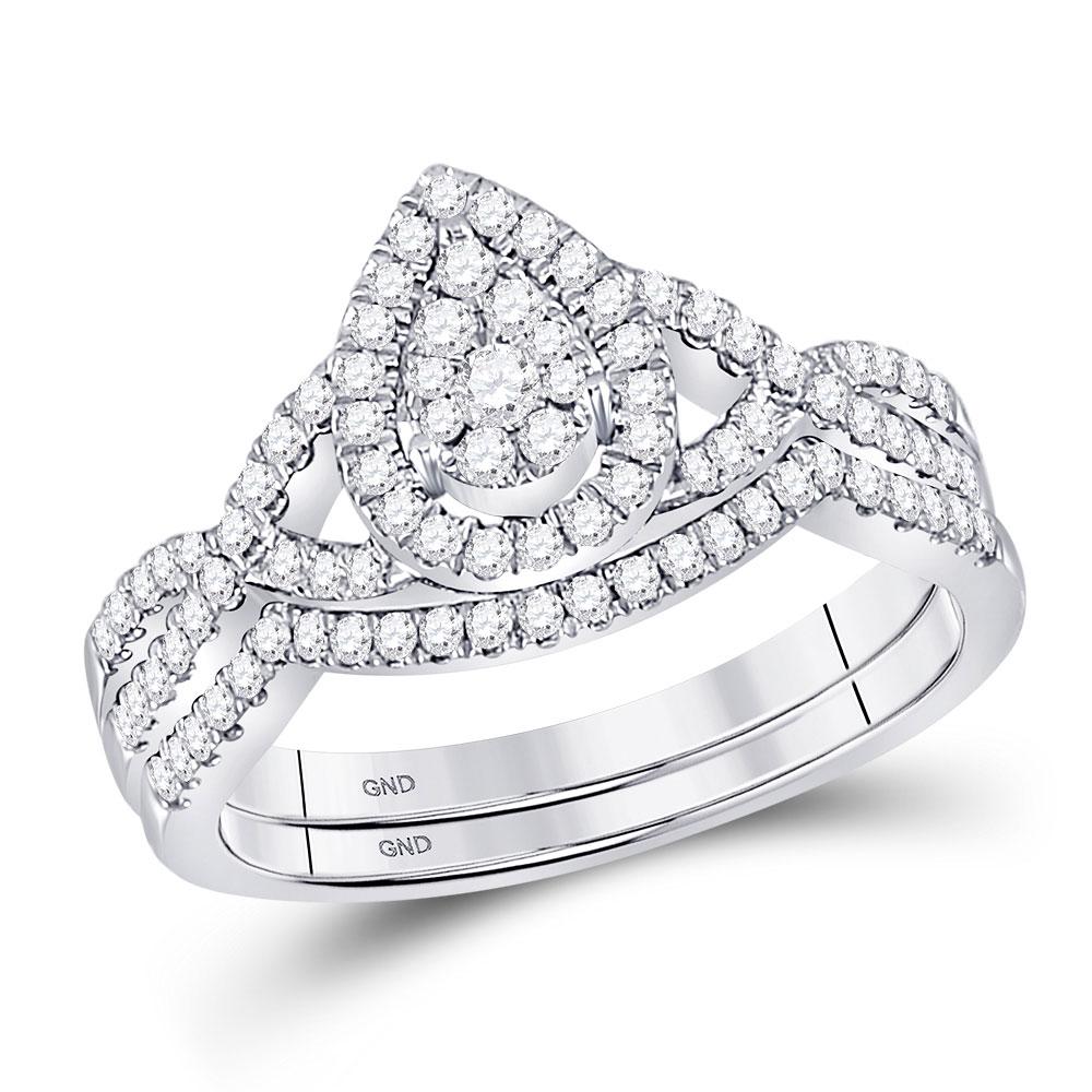 GND Bridal Ring Set 10kt White Gold Round Diamond Teardrop Bridal Wedding Ring Band Set 1/2 Cttw