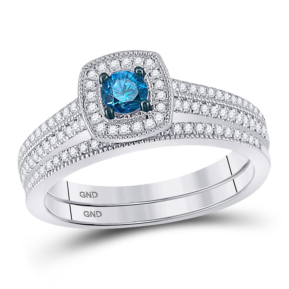 GND Bridal Ring Set 10kt White Gold Womens Round Blue Color Enhanced Diamond Bridal Wedding Ring Set 1/2 Cttw