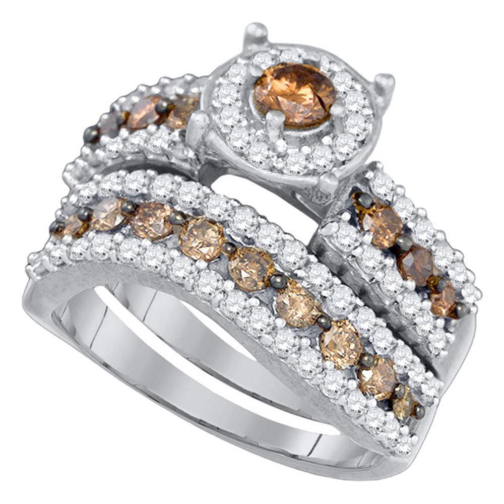 GND Bridal Ring Set 10kt White Gold Womens Round Brown Diamond Bridal Wedding Ring Band Set 1-3/4 Cttw