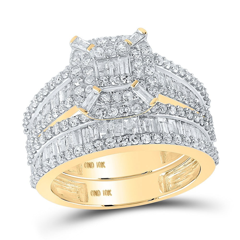 GND Bridal Ring Set 10kt Yellow Gold Baguette Diamond Halo Bridal Wedding Ring Band Set 1-3/4 Cttw