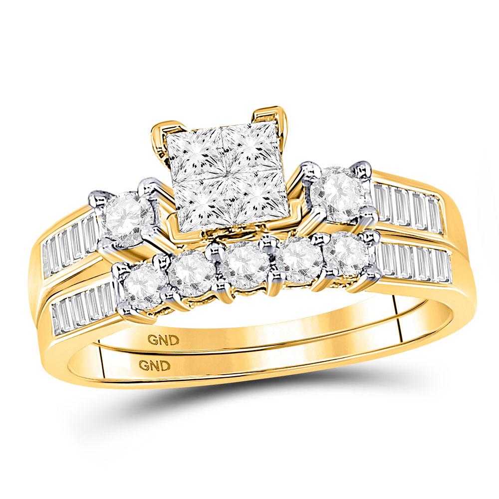 GND Bridal Ring Set 10kt Yellow Gold Princess Diamond Cluster Bridal Wedding Ring Band Set 7/8 Cttw