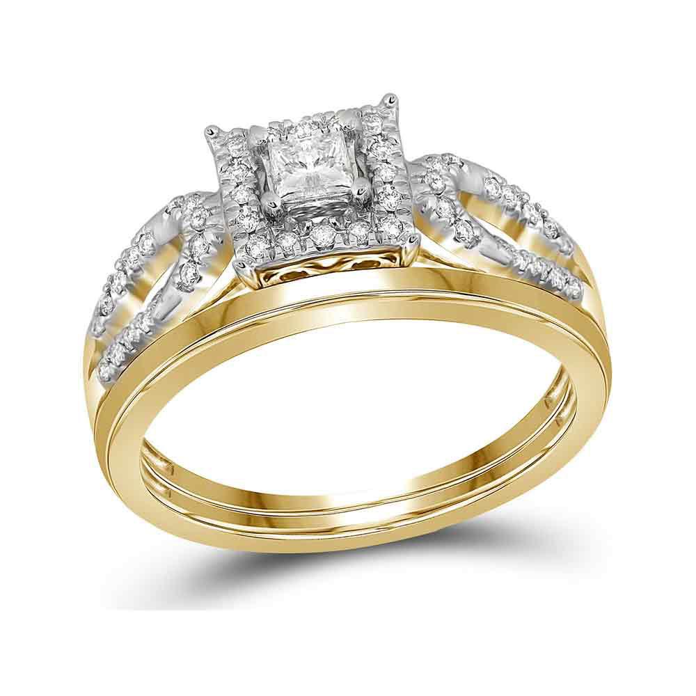 GND Bridal Ring Set 10kt Yellow Gold Princess Diamond Halo Bridal Wedding Ring Band Set 1/4 Cttw