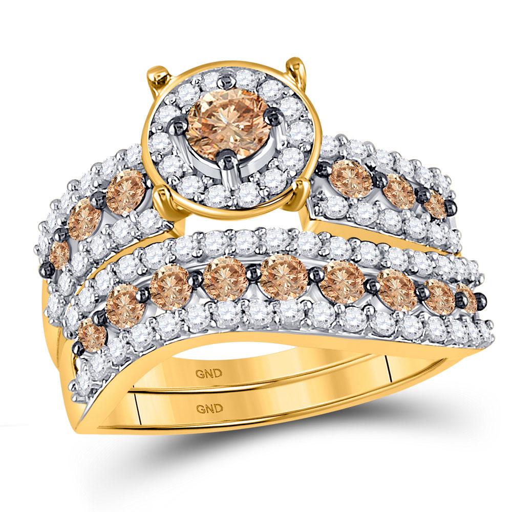 GND Bridal Ring Set 10kt Yellow Gold Round Brown Diamond Bridal Wedding Ring Band Set 1-3/4 Cttw
