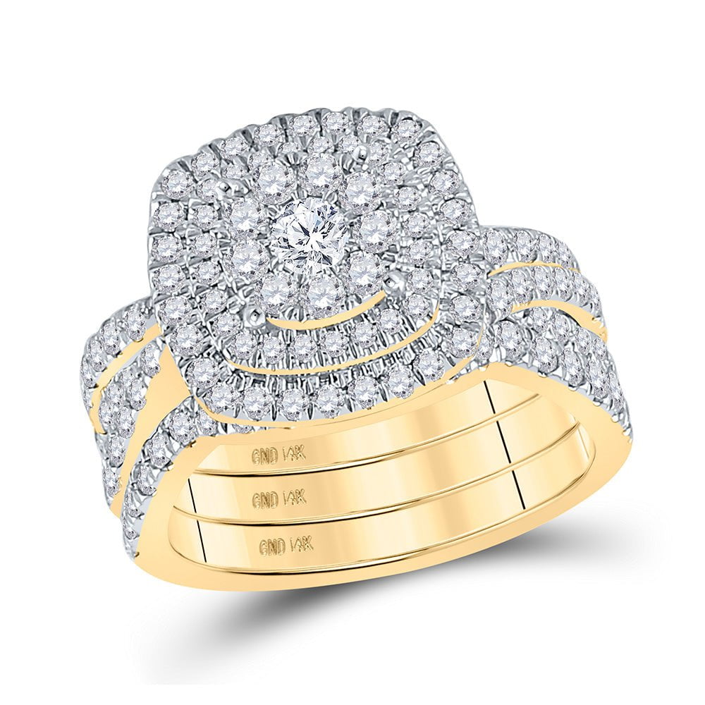 GND Bridal Ring Set 10kt Yellow Gold Round Diamond 3-Pc Halo Bridal Wedding Ring Band Set 2 Cttw