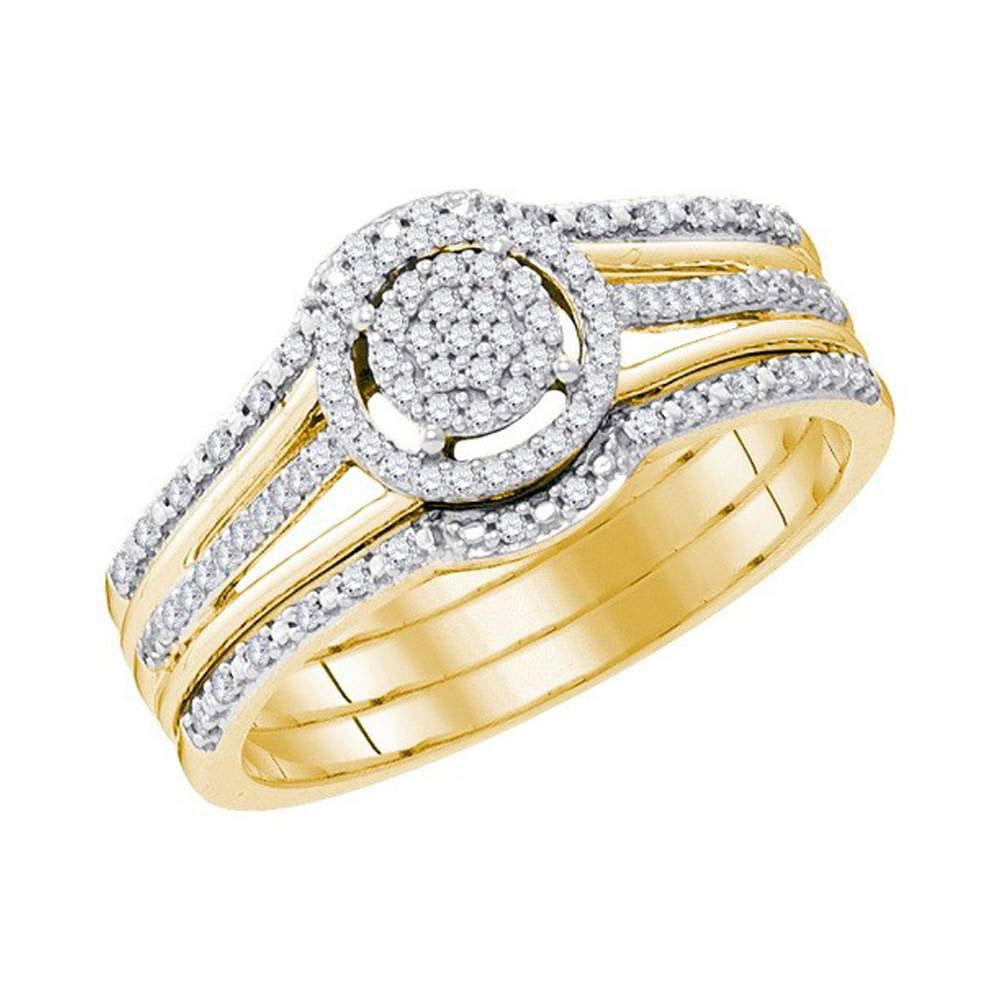 GND Bridal Ring Set 10kt Yellow Gold Round Diamond Cluster Bridal Wedding Ring Band Set 1/4 Cttw