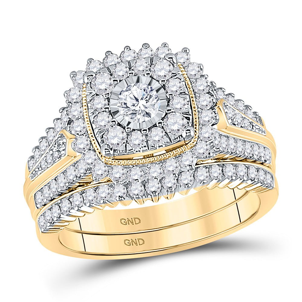GND Bridal Ring Set 10kt Yellow Gold Round Diamond Halo Bridal Wedding Ring Band Set 1-1/4 Cttw