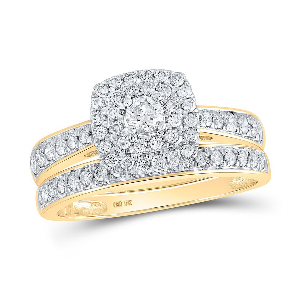 GND Bridal Ring Set 10kt Yellow Gold Round Diamond Halo Bridal Wedding Ring Band Set 3/4 Cttw