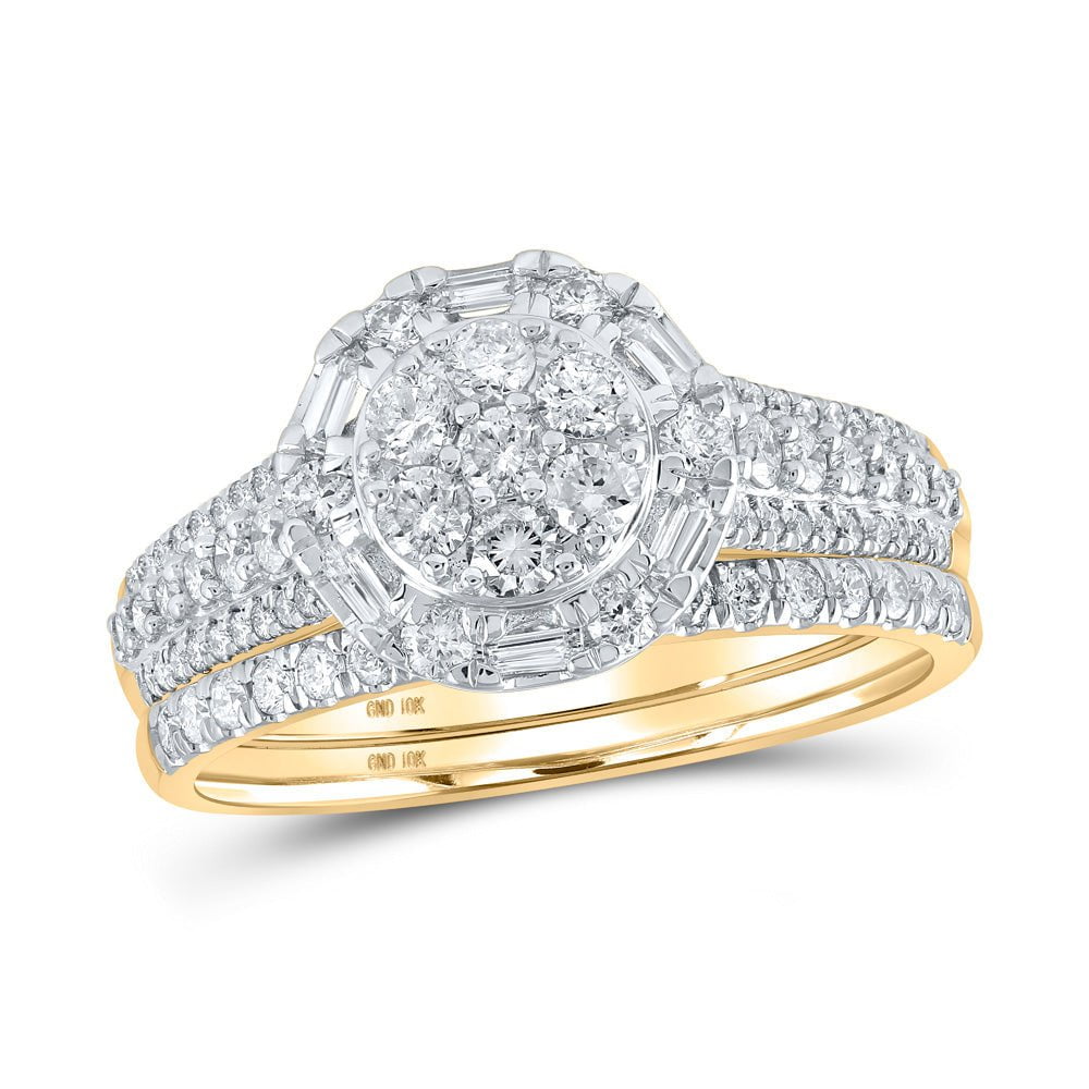 GND Bridal Ring Set 10kt Yellow Gold Round Diamond Halo Cluster Bridal Wedding Ring Band Set 1 Cttw