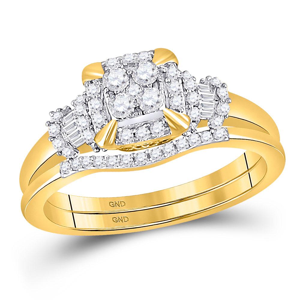 GND Bridal Ring Set 10kt Yellow Gold Round Diamond Square Bridal Wedding Ring Band Set 3/8 Cttw