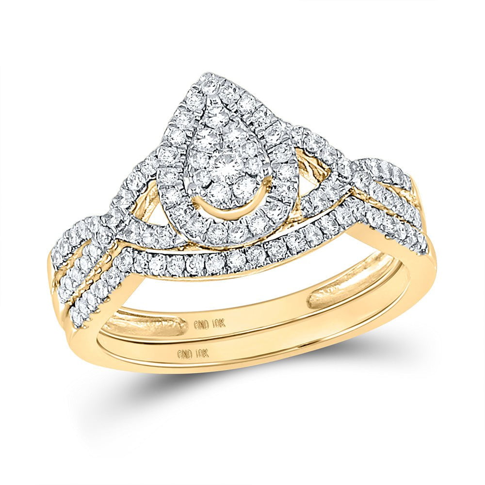 GND Bridal Ring Set 10kt Yellow Gold Round Diamond Teardrop Bridal Wedding Ring Band Set 1/2 Cttw