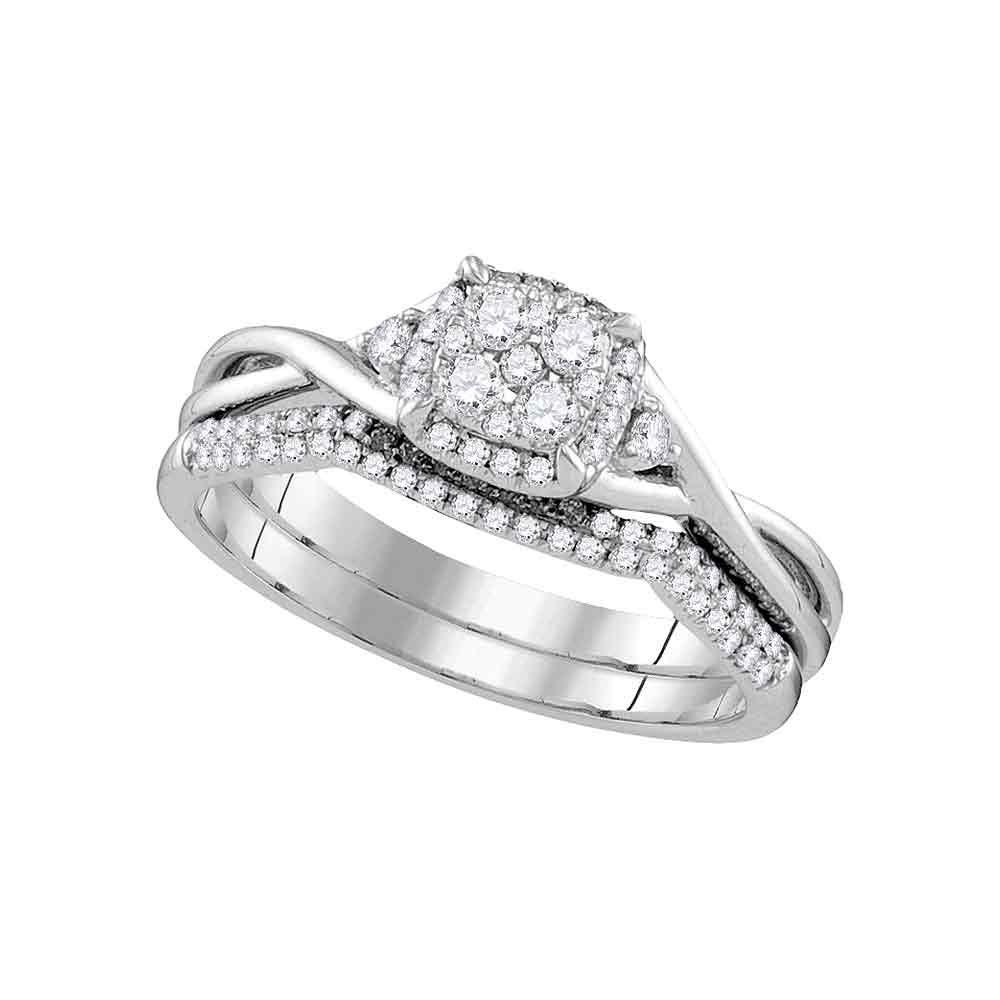GND Bridal Ring Set 14k White Gold Round Diamond Cluster Bridal Wedding Ring Band Set 3/8 Cttw